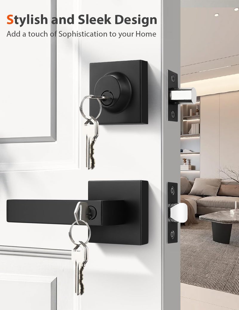 Tinewa 3 Pack Square Keyed Alike Front/Exterior Door Levers with Single Cylinder Deadbolt, Flat Black Entry Door Knob Lock Set with Deadbolt Combination Sets, for Entrance/Front and Office Doors - Image 2
